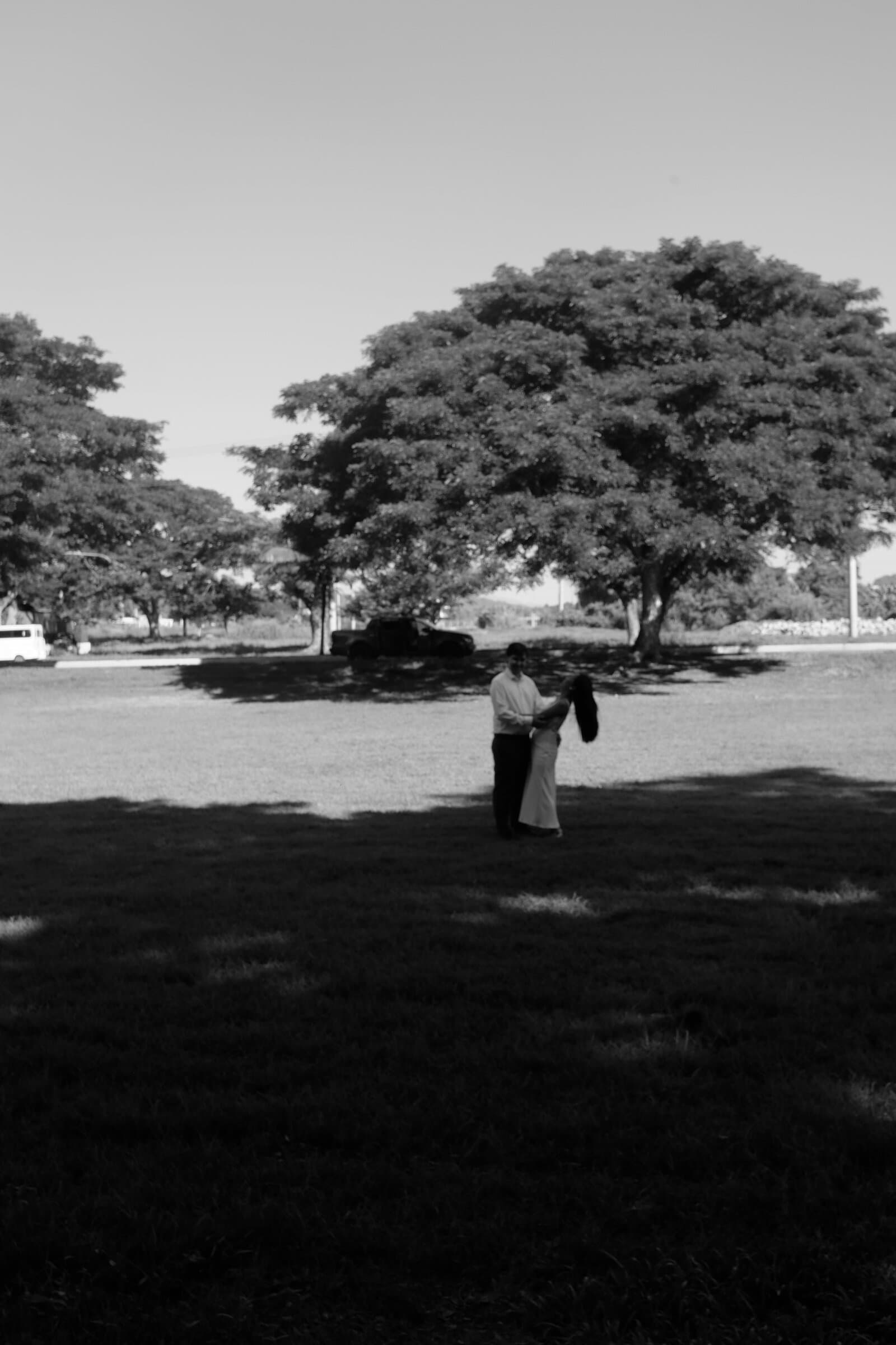 Couple beneath a broad tree, black and white