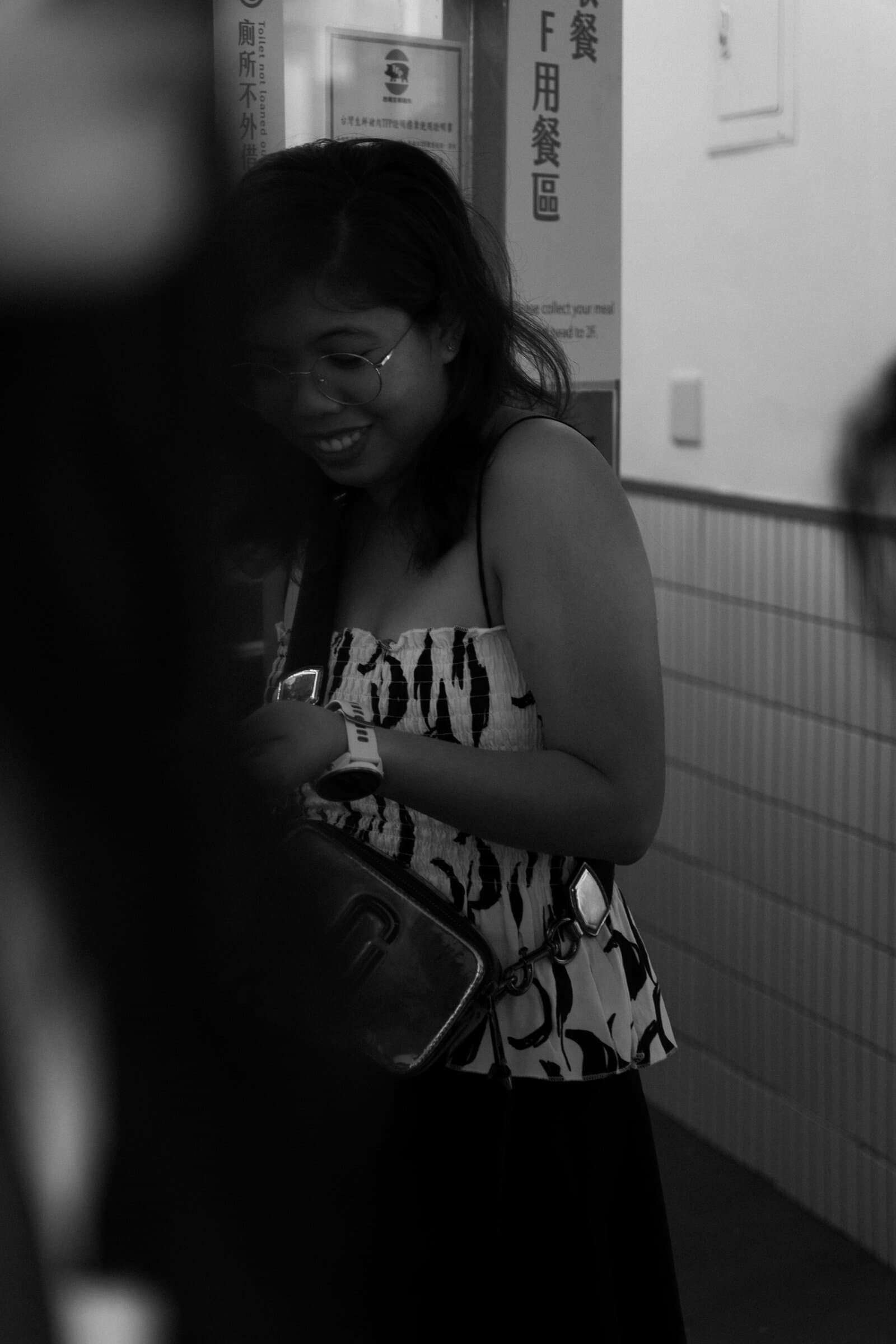 Evening candid smile, black and white