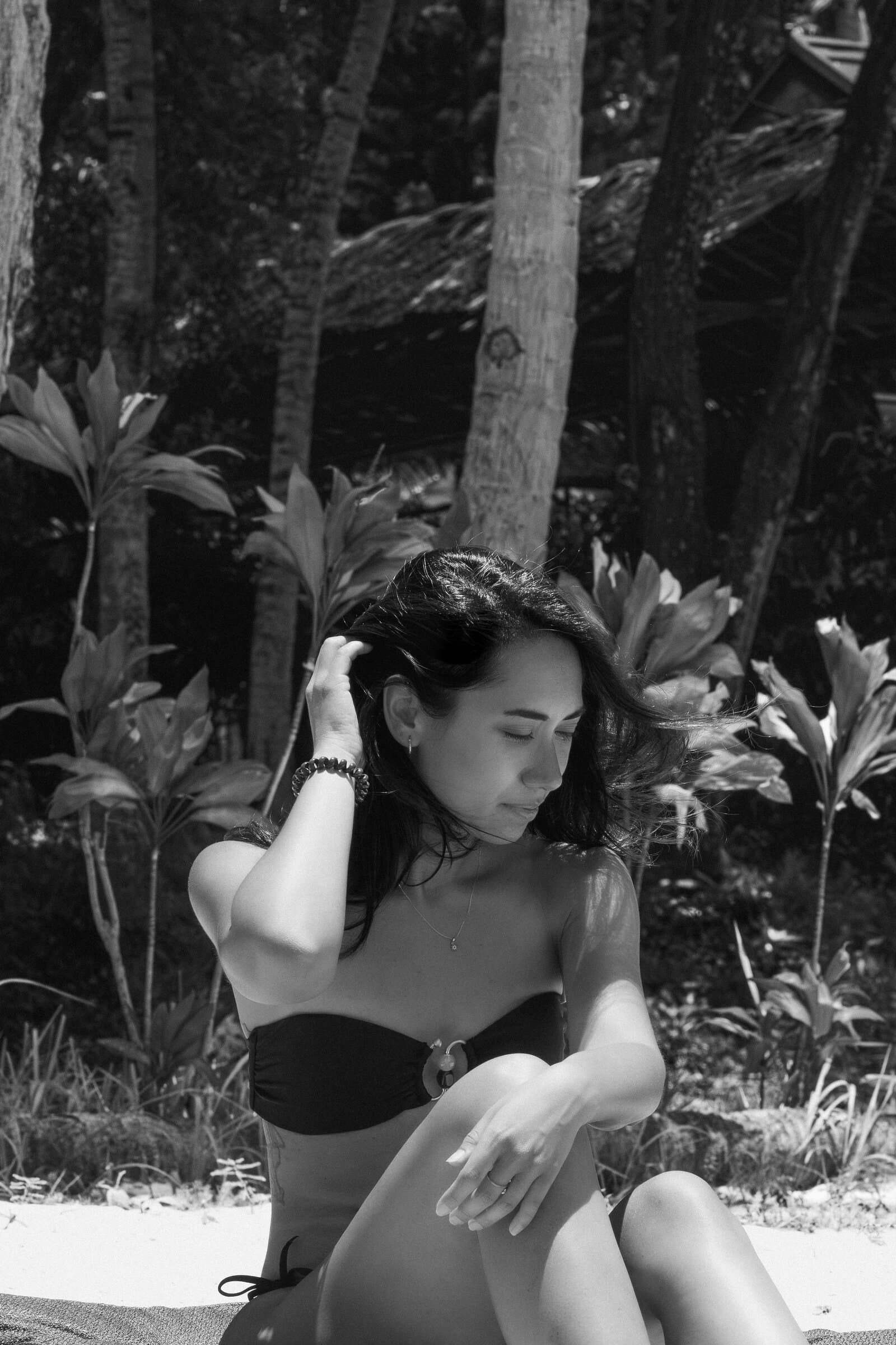 Portrait among forest greens, black and white