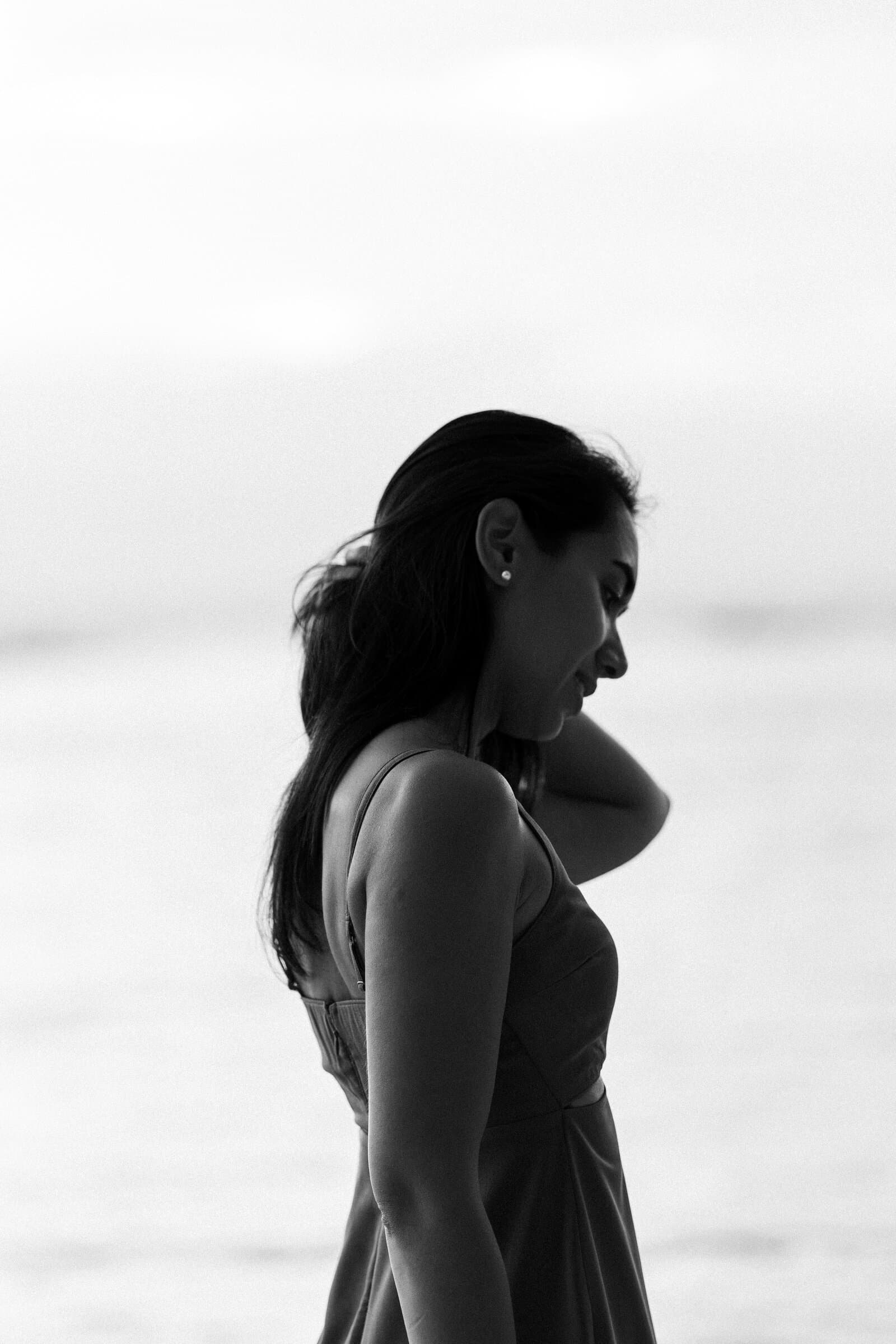 Seaside profile portrait, black and white