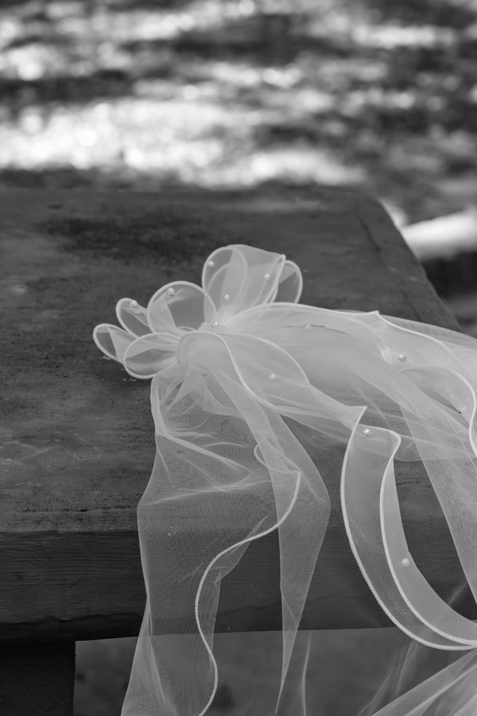 Bridal veil detail resting on wood, black and white