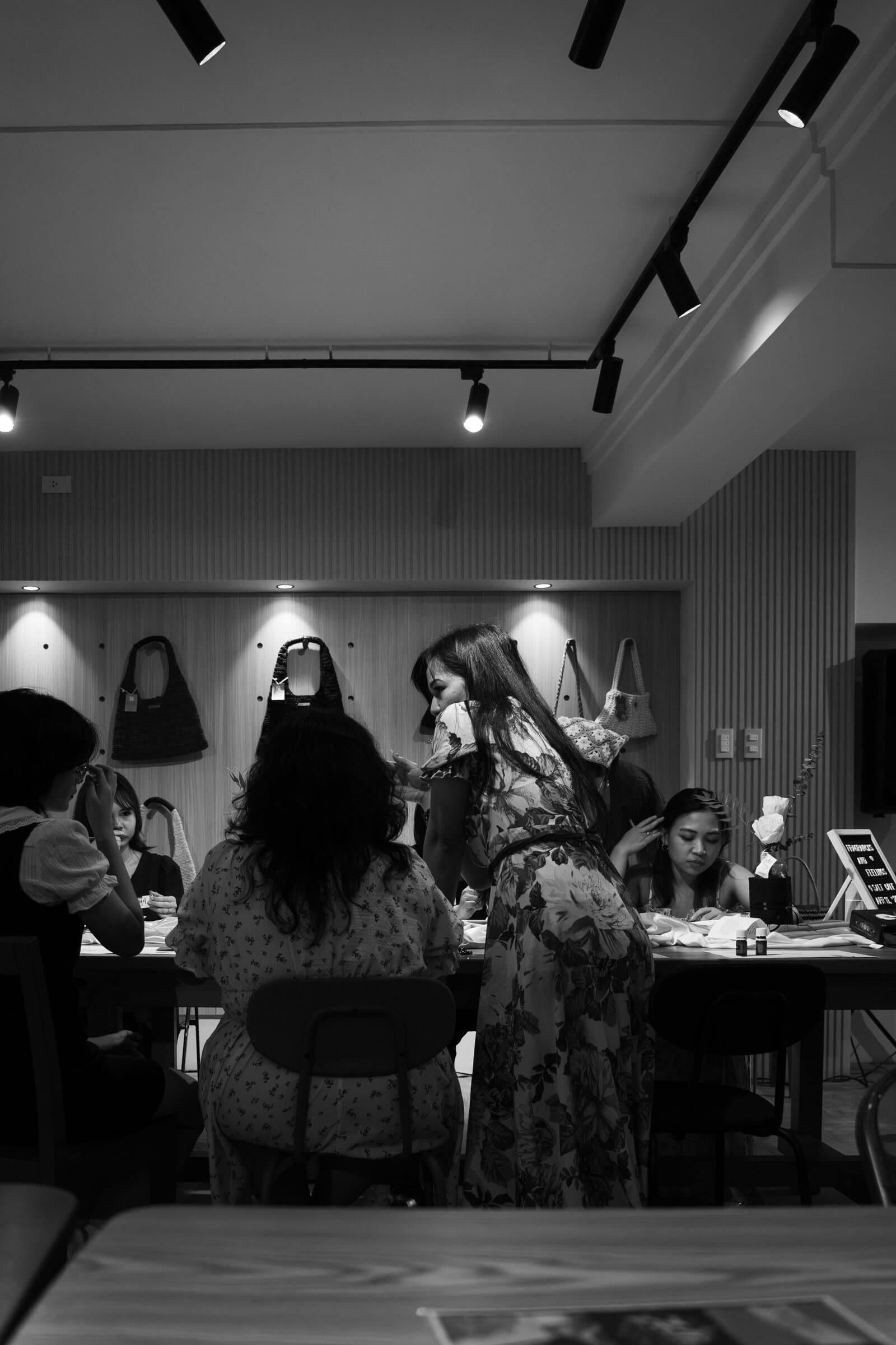 Workshop gathering, black and white