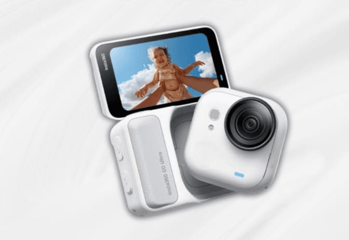 Insta360 GO Ultra camera with its Action Pod, flip screen open