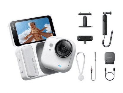 The full Creator Bundle kit laid out: camera, Action Pod, tripod, mounts, and accessories