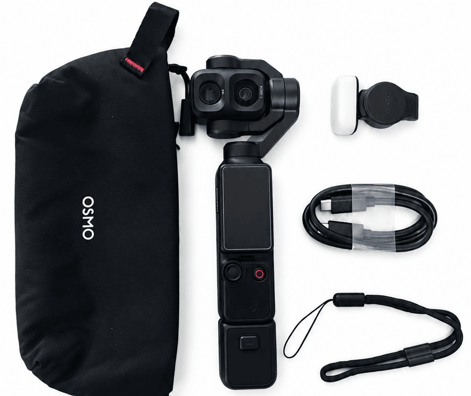 The full Standard Combo kit laid out: camera with grip handle, fill light, USB-C cable, wrist strap, and carrying pouch